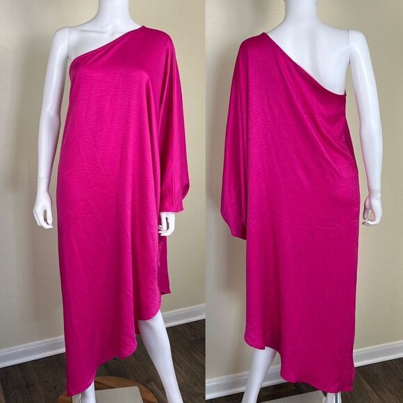 Vici Women's Size S Pink One Shoulder Satin Kaftan Maxi Dress Pullover Flowy - Picture 1 of 14